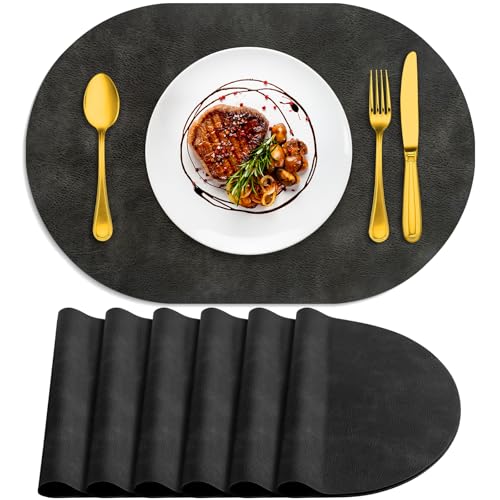 ADRIMER Oval Placemats Set of 6, Wipeable Faux Leather, Dark Grey - color: Dark Grey