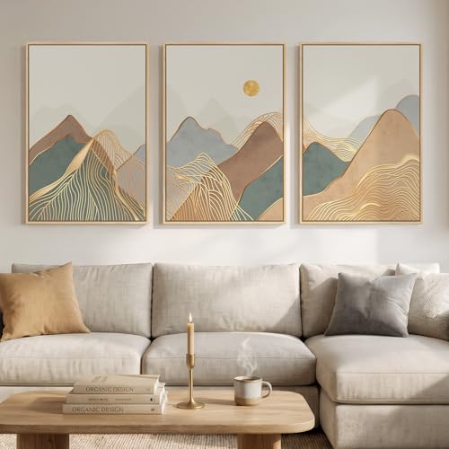 Large Framed Boho Modern Mountain Wall Art for Living Room, 3 Piece, 24x36 - color: Neutral Gold, size: 24" W x 36" H x 3Pcs