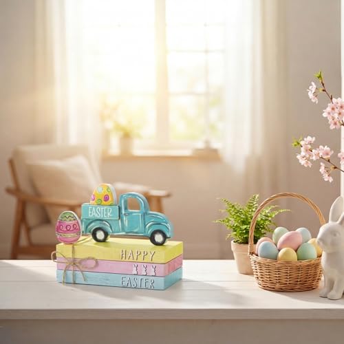 Smile Happy Easter Wooden Block Stack with Truck & Egg Decor, Pastel Tiered Tabletop Display for Spring & Easter - style: Truck Easter