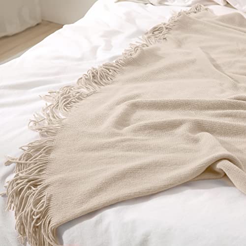 Homiest Taupe Knitted Throw Blanket with Fringe, 50x60 Inch - color: Light Beige, size: 50" x 60"