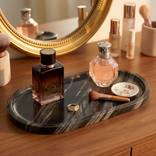 YKAJO Antique Wood Oval Marble Tray, 11.8x5.9 Vanity Perfume Organizer - color: Antique Wood, size: 11.8" x 5.9" x 0.6"