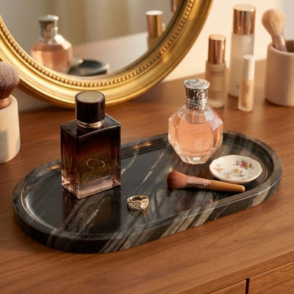 YKAJO Antique Wood Oval Marble Tray, 11.8x5.9 Vanity Perfume Organizer - color: Antique Wood, size: 11.8" x 5.9" x 0.6"