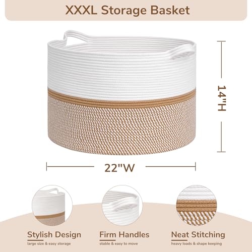 CHICVITA XXL Cotton Rope Woven Blanket Basket with Handles, White & Brown - color: White and Brown