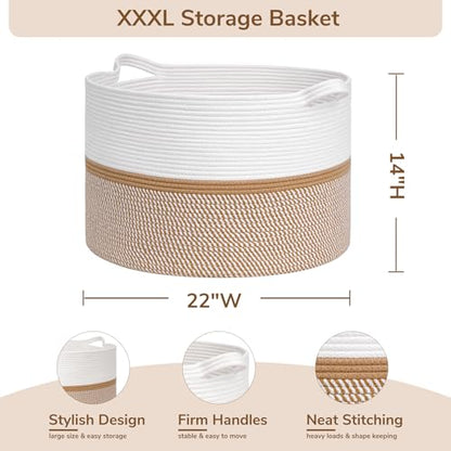 CHICVITA XXL Cotton Rope Woven Blanket Basket with Handles, White & Brown - color: White and Brown