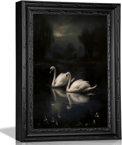Kofeehic Vintage Framed Dark Moody Swan Wall Art,Gothic Animal Canvas Print Poster, Romantic Dark Academia Swan Love Lake Painting Artwork,Victorian Cottagecore Wall Decor for Home Bedroom 12x16in - color: Framed-Swan, size: 16"L x 12"W
