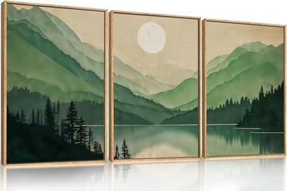 Celestdeco Green Boho Mountain Lake Framed Canvas Wall Art Set-24"x36"x3 - color: Green Landscape Wall Art, size: 24"L x 36"W