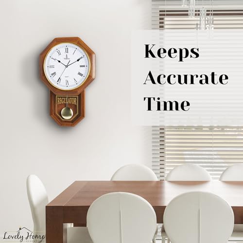 Pendulum Wall Clock Battery Operated, Real Wood Regulator Clock, Quiet - color: Light Wood