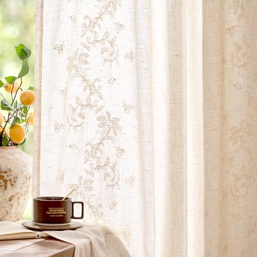 jinchan Floral Linen Curtains, Back Tab 50x96 Inch, 2 Panels Ivory - color: Vine | Ivory, size: 50"W x 96"L (Pack of 2)