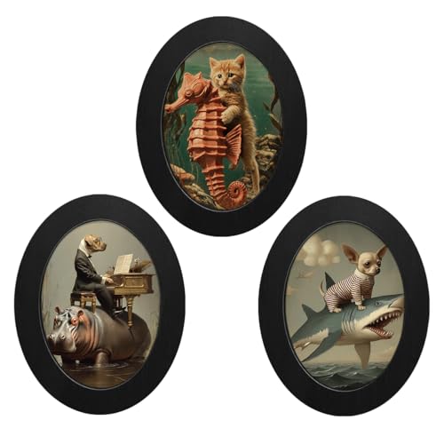 3Pcs Whimsical Funny Animal Oval Wall Art Framed Cute Vintage Ocean Decor | Funny Sea Animal Canvas Prints Hanging Decor for Home Farmhouse Living Room Bedroom Wall Art - color: color-S