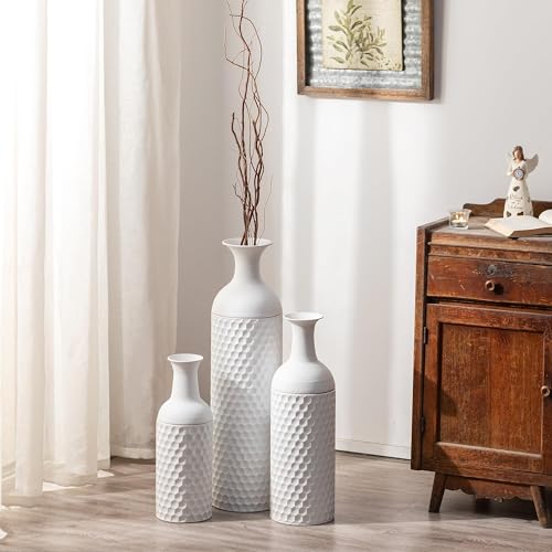Sziqiqi White Tall Floor Vase, Metal Vases with Honeycomb Texture, 3Pcs - color: White