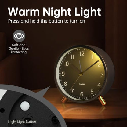 JALL Analog Alarm Clock, 4 inch Super Silent Non Ticking Small Clock with Night Light, Battery Operated, Simple Design, Easy Setting for Office, Bedroom, Bedside, Desk, Teens, Elders, Adult, Black - color: Deep Black