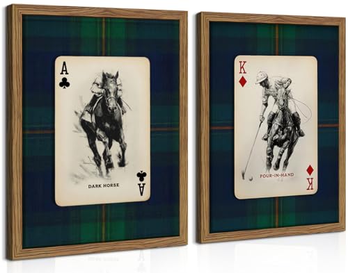 Framed Vintage Playing Card Wall Art Set of 2, Classic Polo Rider and Race Horse Canvas Prints, Retro Equestrian Sketch Poster, Old-Money Sports Wall Decor for Study Home Office Game Room 8x10in - color: Playing Polo, size: 10"L x 8"W