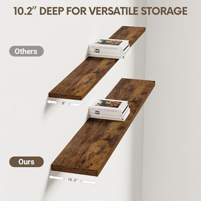 Vivelove 10 Inch Deep Floating Shelves for Wall 48” Set of 2, Rustic Brown - color: Rustic Brown, size: 47.2”wx10.2”dx1.5”h