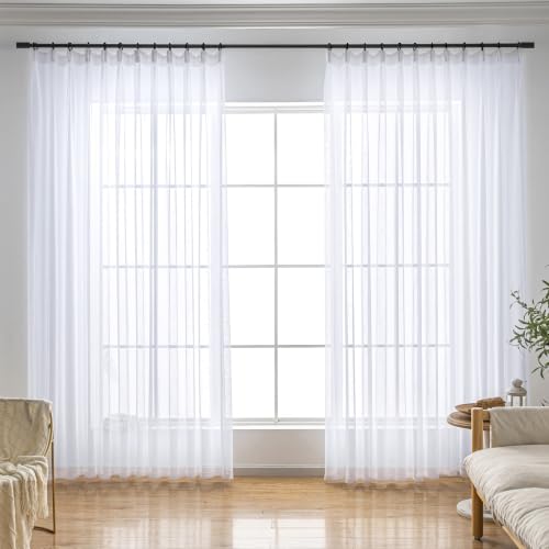 White Sheer Curtains 95 Inches Long Pinch Pleat Ceiling Curtains & Drapes - color: Bright White, size: 54"W x 95"L (Pack of 2)