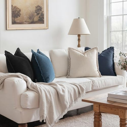 MIULEE Fall Linen Fringe Pillow Covers Set of 4 18x18 Beige/Coastal Blue - color: Coastal Blue, size: 18" x 18" (Pack of 4)