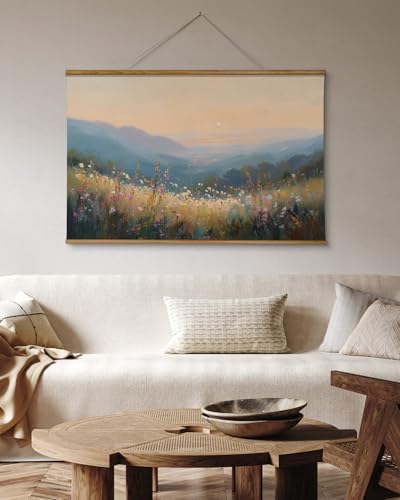 VIYYIEA Extra Large Canvas Wall Art - Sunset Mountain Landscape, 36x54 Inch - color: Sunlit Hills Beyond the Blooming Flowers
