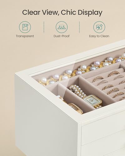 SONGMICS 3-Layer Jewelry Box with Glass Window, 3 Drawers, Golden Handles - color: Cream White, size: 3-Tier