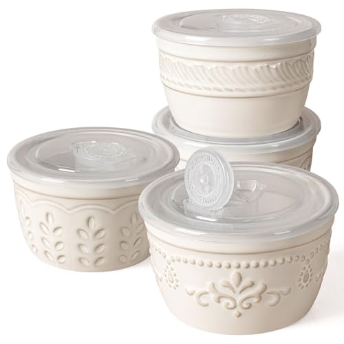 Artena Ramekins with Lids, Creme Brulee Ramekins Oven Safe, Ceramic Pudding Cups, Souffle Cups, Custard Cups, Dipping Sauce Cups, Food Storage Containers with Lids, Set of 4 (8 oz, Multiple Patterns) - size: 4 inch (Multiple Patterns, White)