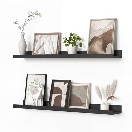 Heimlove Picture Ledge Shelf, Floating Shelves Set of 2, 31.5Inches Picture Shelf for Wall with Ledge, Kids Bookshelf Wall Mounted for Living Room Bedroom Decor Books Photo Frames - Black - color: Black, size: 32 in