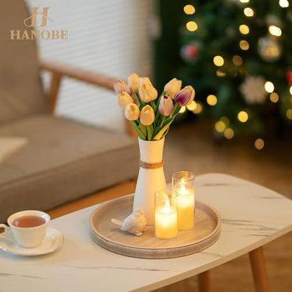 Hanobe Candle Plate Holder Tray: Whitewash Round Wood Candle Plate Decorative Centerpiece Small Tealight Pillar Trays for Living Room Dining Coffee Table Home Decor