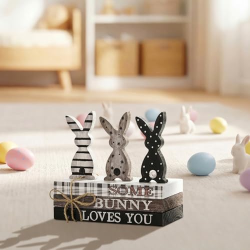 Smile Easter Wooden Stack, Rustic Bunny Mini Faux Books Bundle, Spring Tiered Tray Decorations, Indoor Decor for Kitchen Bathroom and Home Table Shelf - style: Classic Bunny