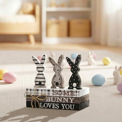 Smile Easter Wooden Stack, Rustic Bunny Mini Faux Books Bundle, Spring Tiered Tray Decorations, Indoor Decor for Kitchen Bathroom and Home Table Shelf - style: Classic Bunny