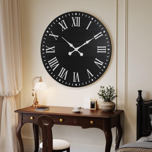 Large Wall Clock with Roman Numeral, 28” Shiplap Farmhouse Clock - color: Black, size: 28 Inch