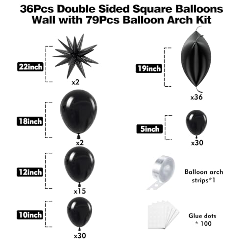 36pcs Black Square Foil Balloons Wall Backdrop with 79pcs Balloon Garland Arch Kit, Double Sided Balloons Set for Birthday Bridal Shower Anniversary New Year Graduation Party Decorations - color: Black