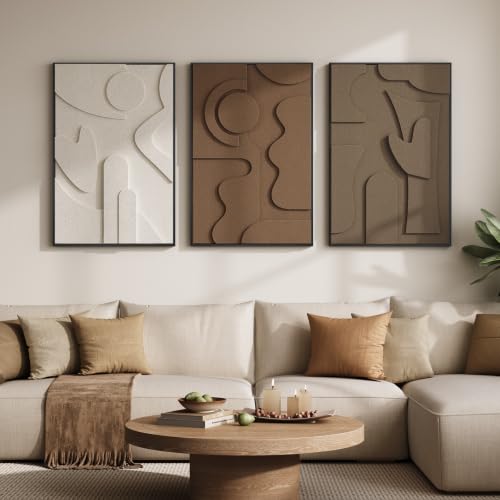 Large 3D Textured Framed Neutral Abstract Wall Art for Living Room, 3 Piece - color: White Brown Taupe, size: 24"w X 36"h X 3pcs