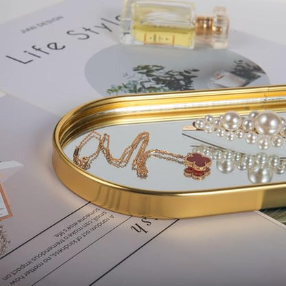 Feyarl Gold Mirrored Jewelry Trinket Tray Vanit Little Ring Earings Organizer Ornate Cosmetic Perfume Tray Display Decorative Coffee Table Tray for Home Decor Dinning Room Dresser Tabletop
