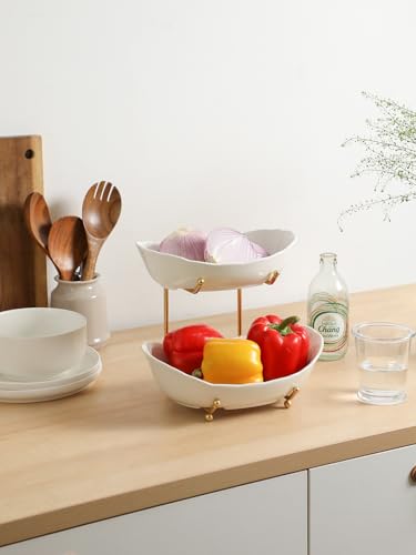 Kanwone Fruit Bowl for Kitchen Counter - 2 Tier with No Assembly Gold Stand & White Ceramic Bowls, Tiered Fruit Basket for Storage, Vegetables, Cake Display, Party Serving & Home Decor - size: 2 Tier