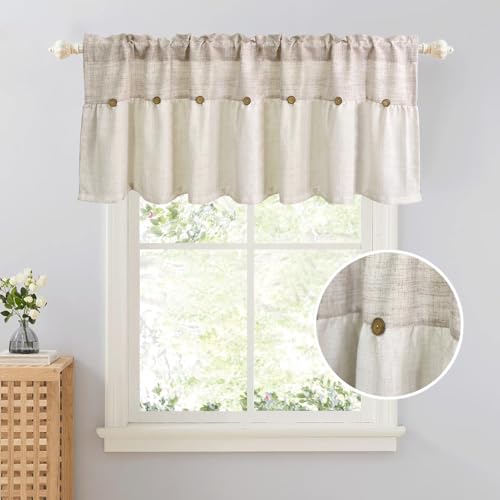 Farmhouse Boho Linen Button Valance for Kitchen Window Dining Room - color: Beige, size: 39"W x 20"L (Pack of 1)