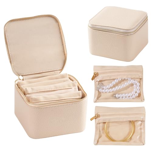 Travel Jewelry Case with 6 Velvet Zipped Pouches Bags, Beige - color: Beige - 6 Pouch