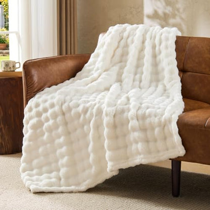 BEDELITE Cream White 3D Fleece Bubble Throw Blanket for Couch, 50x60 Inches - color: Cream White, size: Throw(50"x60")