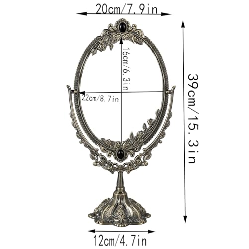 Guppy 15 inch Metal Vintage Makeup Mirror, Tabletop Oval Cosmetic Mirror, Vintage Swivel Double Sided Cosmetic Mirror with Embossed Frame Stand Base, Retro Mirror for Dresser Gifte-Red Bronze - color: Red Copper, size: 15.3"L x 6.3"W