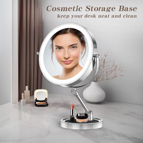 Rocollos Tabletop Makeup Mirror with Built-in Vanity Tray, 9" Rechargeable 4000mAh Lighted Vanity Mirror 1X/10X Magnification, Height-Adjustable Arm, 3 Color Dimmable (9Inch Chrome) - color: 9inch Chrome