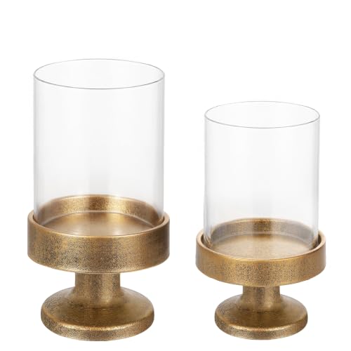 Set of 2 Glass Hurricane Candle Holders for Pillars with Metal Base in Gold, Glass Candle Holder, Centerpiece, for Weddings, Dinner Parties, Dining Tables, Console Tables, Mantels - color: Antique Gold, size: Set of 2 Riser