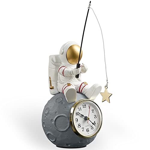 Astronaut Figure Clock for Desktop & Shelf, Battery Operated, Astronaut & Planet Figurine Statue for Office & Outer Space Themed Bedroom Decor, Decorative Small Table Clock, Fishing Star