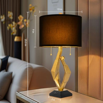 Scenekoy Gold Leaf Finish Table Lamp Set of 2 with USB Ports for Bedroom - size: 26 inches Gold Leaf -029