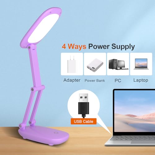 Akejrym LED Desk Lamp for Office Home & Battery Operated Lamp Rechargeable Lamp Foldable & Portable Light, [2-Fold Bracket] 3 Brightness Dimmable Small Desk Lamp Wireless Reading Lamp (Purple) - color: Purple
