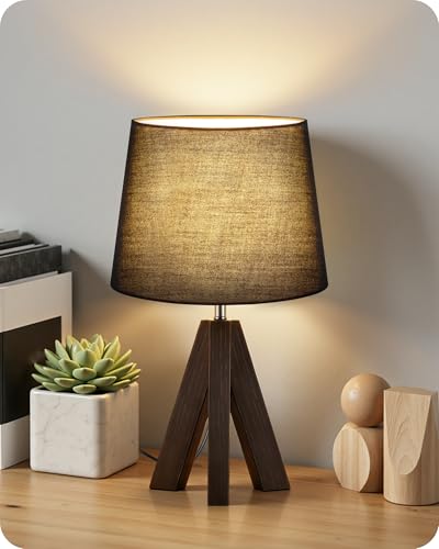 Small Table Lamp for Bedroom, 14.6" Bedside Lamp with Black Linen Shade & Walnut Wood Tripod Base, Modern Nightstand Lamp, Blak Lamp for Living Room, Nursery, Entryway, E26 Socket, VB51TL05 - color: Black+Dark Walnut