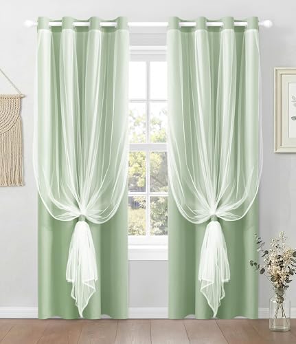 100% Blackout Curtains with Sheer Overlay, Sage, 52 x 84 inch, 2 Panels - color: Sage Green, size: 52"W x 84"L (Pack of 2)