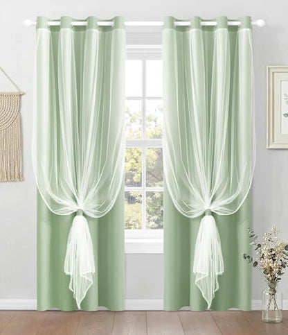 100% Blackout Curtains with Sheer Overlay, Sage, 52 x 84 inch, 2 Panels - color: Sage Green, size: 52"W x 84"L (Pack of 2)