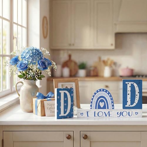 Smile Father's Day Wooden Table Decor "DAD", "I LOVE YOU", Blue Rainbow Desktop Signs Tabletop Decorations for Home Office Shelf Gift for Dad Husband Grandpa - style: Letter Dad