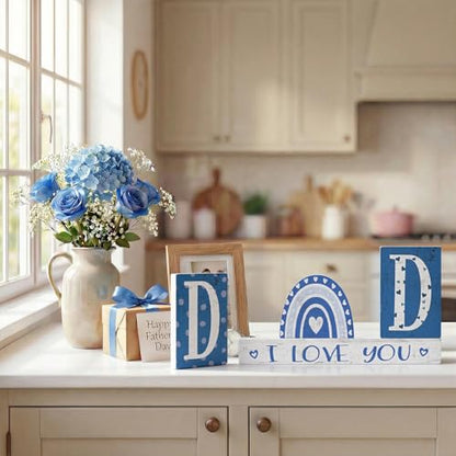 Smile Father's Day Wooden Table Decor "DAD", "I LOVE YOU", Blue Rainbow Desktop Signs Tabletop Decorations for Home Office Shelf Gift for Dad Husband Grandpa - style: Letter Dad