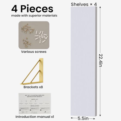 BAYKA 22.4 in Long Wall Mounted Floating Shelves (White and Gold, Set of 4) - color: B. White Board & Gold Brackets, size: 22.4 inches Uniform