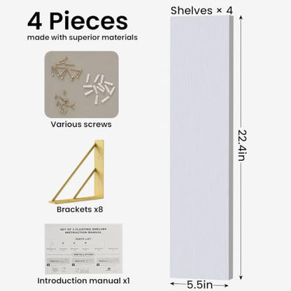 BAYKA 22.4 in Long Wall Mounted Floating Shelves (White and Gold, Set of 4) - color: B. White Board & Gold Brackets, size: 22.4 inches Uniform