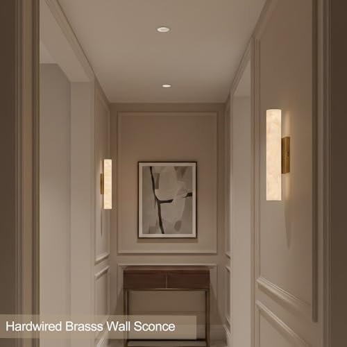 Alabaster Wall Sconce, 20in Linear Gold Brass Wall Sconces, Luxury Marble Look Bathroom Vanity Light, 3000K Dimmable Hardwired Wall Lamp for Living Room Bedroom Hallway, 1 Pack, Faux Alabaster - color: Gold-20in-1pcs