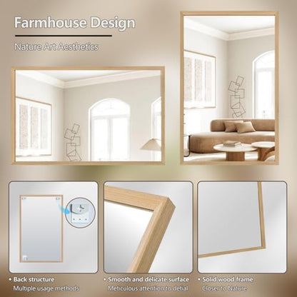Wood Wall Mirror for Over Sink, 36"x24" Solid Bathroom Mirror