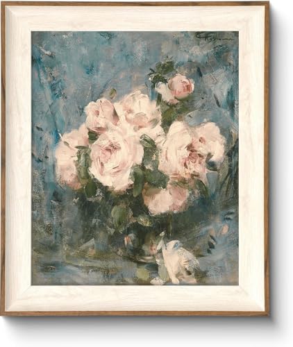 ASTRDECOR Framed Vintage Wall Art for Living Room, Vintage Floral Home Decor Aesthetic, Victorian Pink Rose Bouquet Oil Painting Blue Canvas Wall Art Prints, Antique Flower Pictures Blue Artwork for Living Room-10''x12'' - color: Pink Rose, size: 12"L x 1